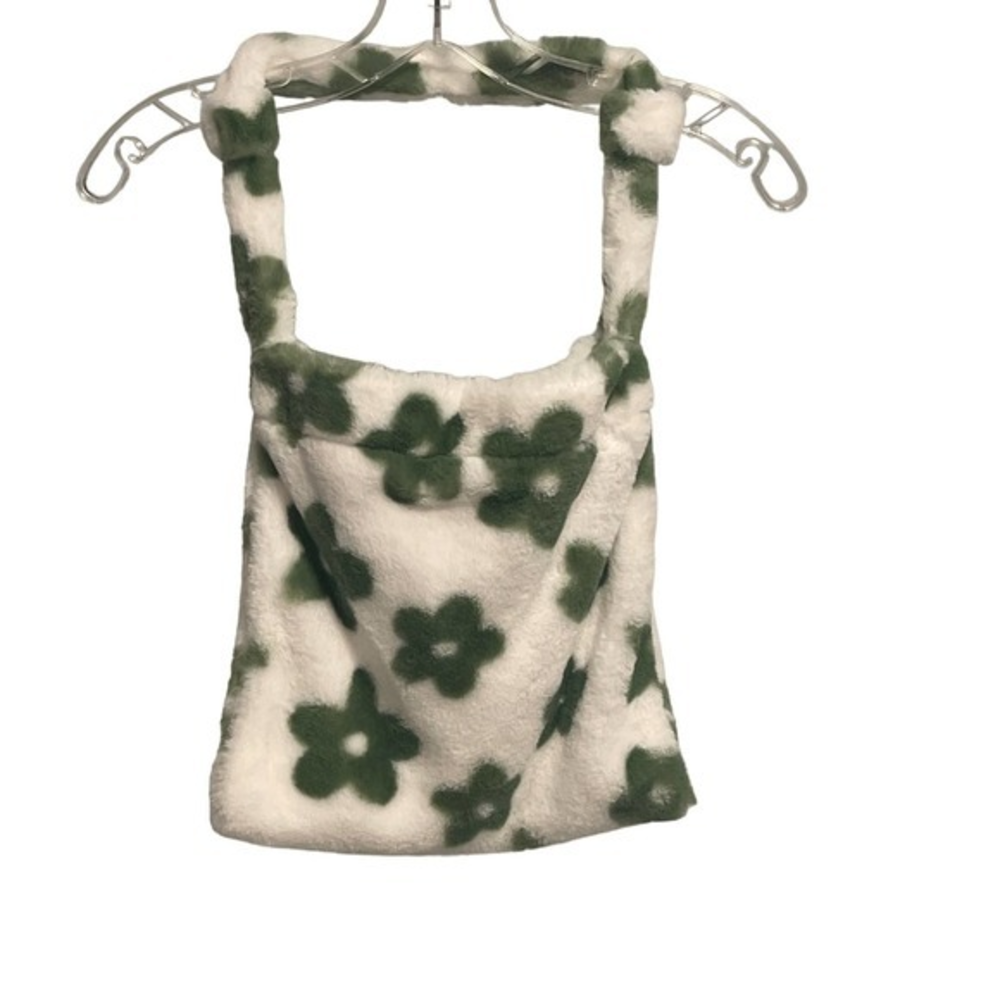 Green White Floral Faux Fur Tote Bag Fuzzy Y2K Retro Shoulder Bag Plush Small